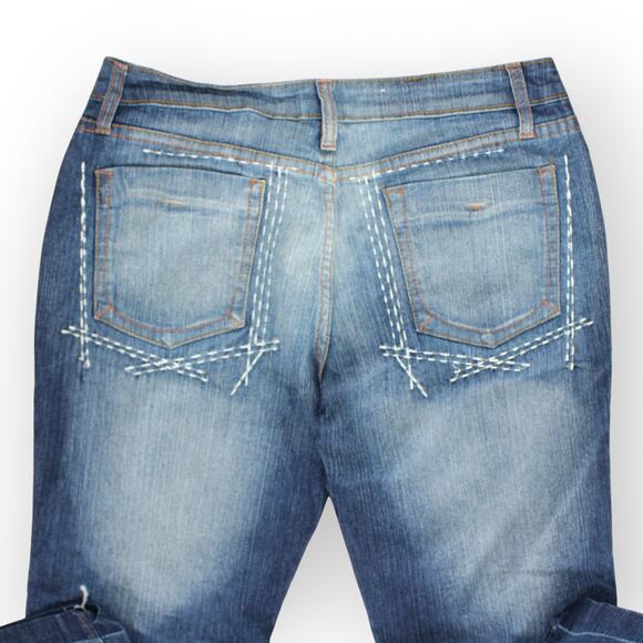 7/8 GazozJeans Bootcut Stretch Embroider Sashiko Trouser Fade Distress - Picture 3 of 6